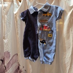 Blue and Navy Baby Romper with Vehicle Patches